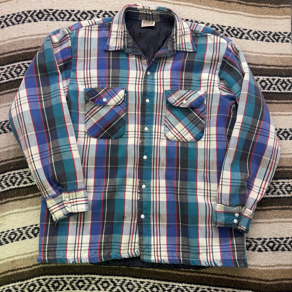 Men's Vintage Five Brothers White Blue Snap Insulated Lined Flannel Shirt Sz L